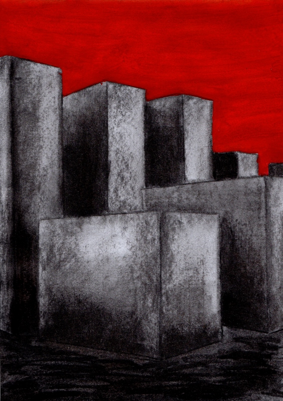 "Holocaust-Mahnmal, Berlin", mal aus einer anderen Perspektive, stebü, 04.06.2015, Papier+Kohle+Tusche, 29,0 cm x 21,00 cm 