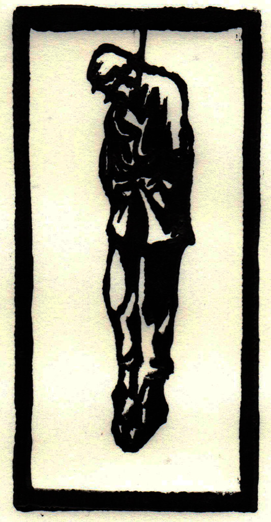 "Ecce homo / Siehe, der Mensch", stebü, 05.07.2017, Linolschnitt, ca. 20cm x 15cm Die einleitenden Worte zu diesem Bild sind aus der Korrespondenz mit Ulf Grieger.  Besser kann man ´Ecce homo` nicht beschreiben. Mit seinem Einverständnis veröffentliche ich diesen Text. Vielen Dank Ulf. „Weißt du, wir sind oft dabei, wenn die Knochen der Jungs von der Schlacht hier in Seelow und Küstrin aus der Erde geholt werden. 17, 18, 19 20jährige,. Ehre ihrem Angedenken. Aber es gibt nichts, das an die erinnert, die von den Kettenhunden an die alten Eichen an der Straße nach Gusow mit dem Pappschild gehenkt wurden "Ich war feig" erinnern. Ecce homo! Sie sind die Könige.Sie sind sich ihres Menschseins bewusst geworden. Menschen für sich. Ihr Pappschild ist die Dornenkrone. Ein stolzes Zeichen des Widerstandes gegen Unterordnung.“ / Ulf Grieger / 2017